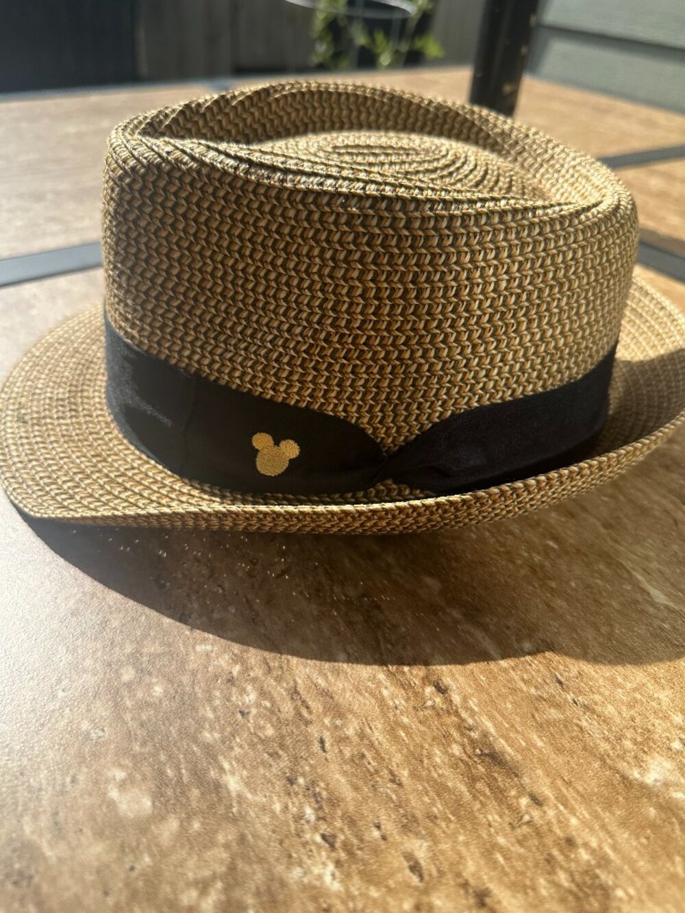Disney Parks Adult Straw Fedora Hat w/ Black Band & Gold Mickey Icon